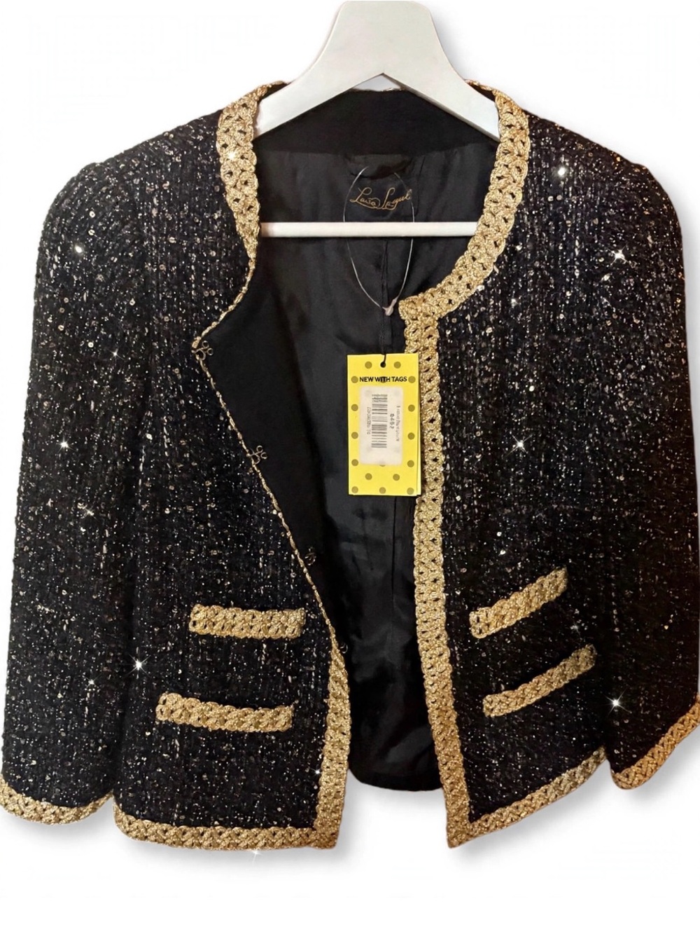Luisa Spagnoli Black Tweed Cropped Jacket with Gold Trim Size Small NWT